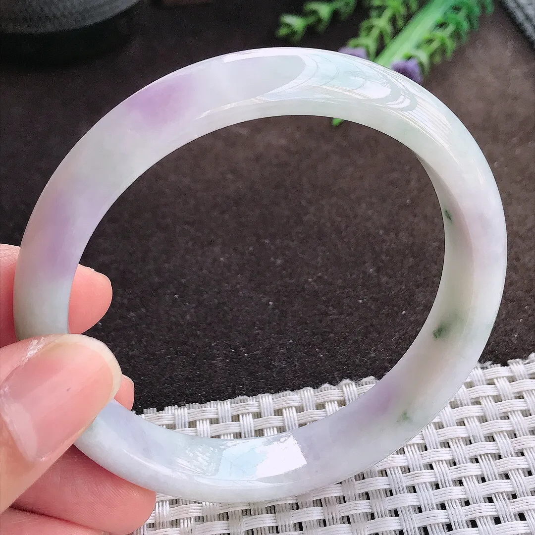 天然a货翡翠62.5/13/8老坑冰润紫罗兰飘花手镯大圈口宽边翡翠玉手镯