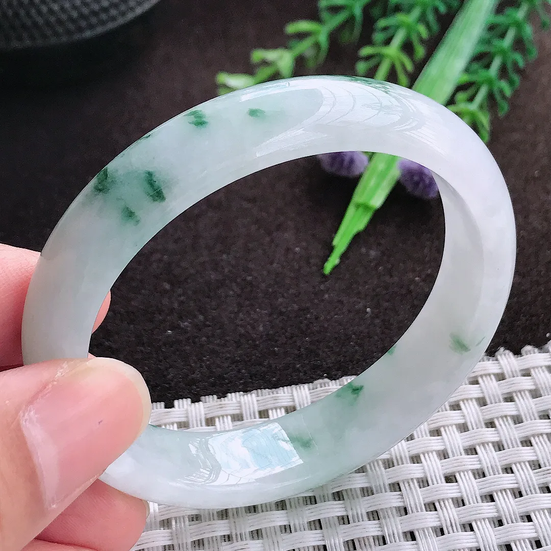 天然a货翡翠53/47/13.2/7老坑精美飘花贵妃手镯宽边翡翠玉手镯