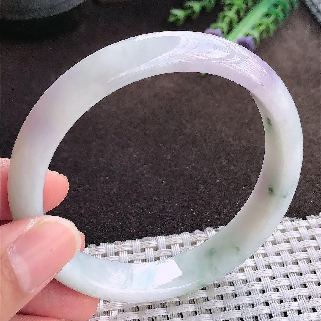天然a货翡翠62.5/13/8老坑冰润紫罗兰飘花手镯大圈口宽边翡翠玉手镯