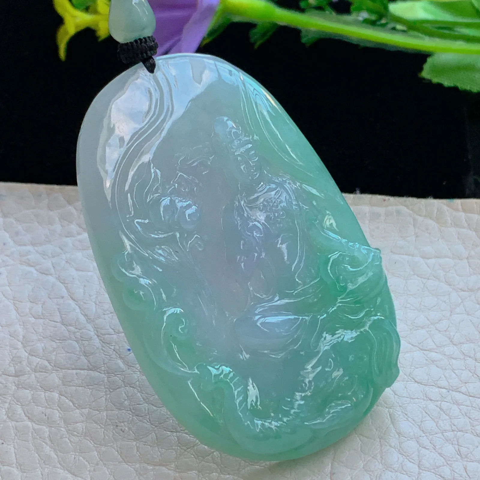 yl实拍63.3*41.5*8.5缅甸翡翠a货春带彩普贤菩萨 玉观音玉吊坠 玉挂件