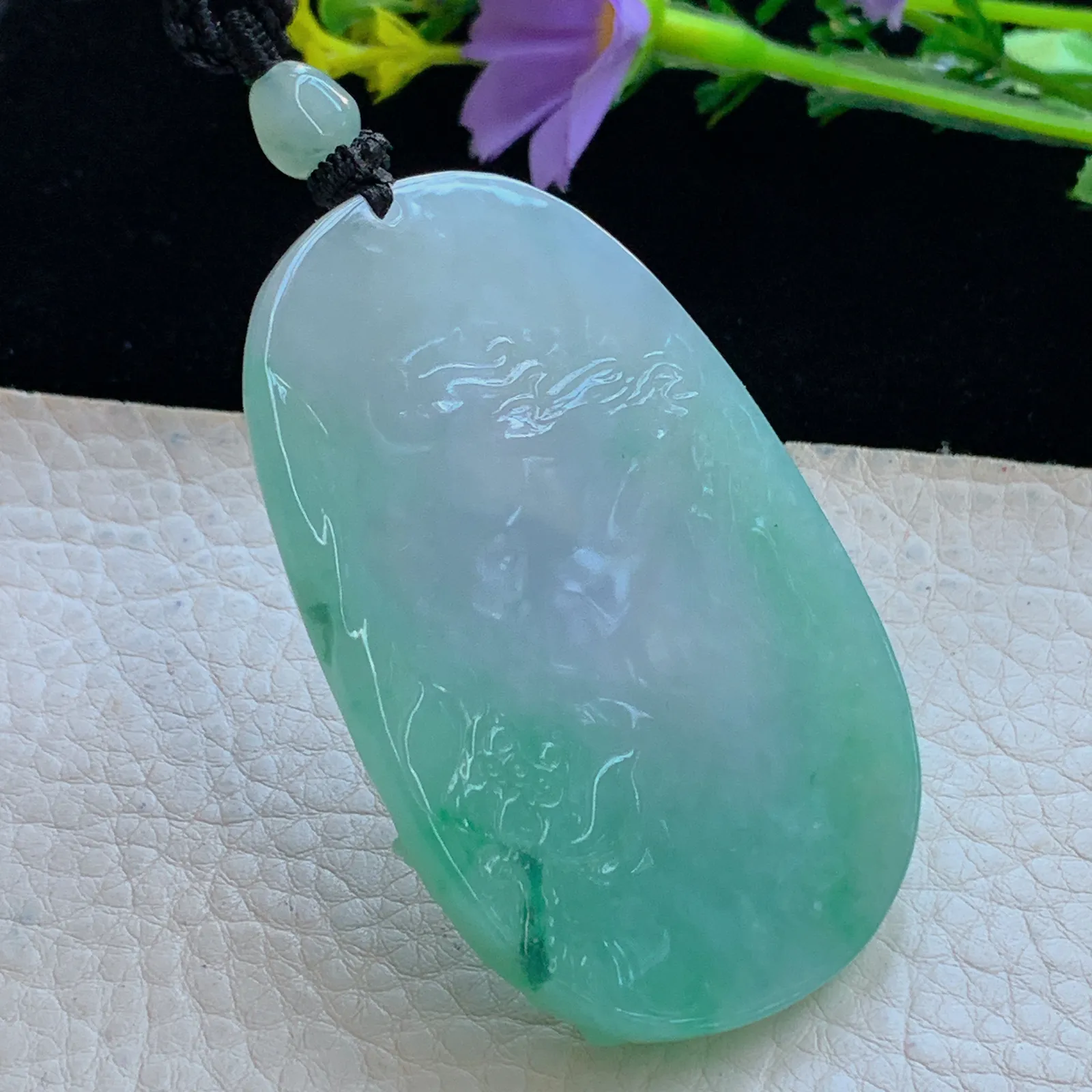 yl实拍63.3*41.5*8.5缅甸翡翠a货春带彩普贤菩萨 玉观音玉吊坠 玉挂件