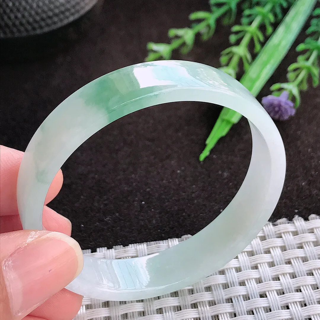 天然a货翡翠51.5/11.3/3.7老坑冰透起胶飘花平安镯宽边翡翠玉手镯