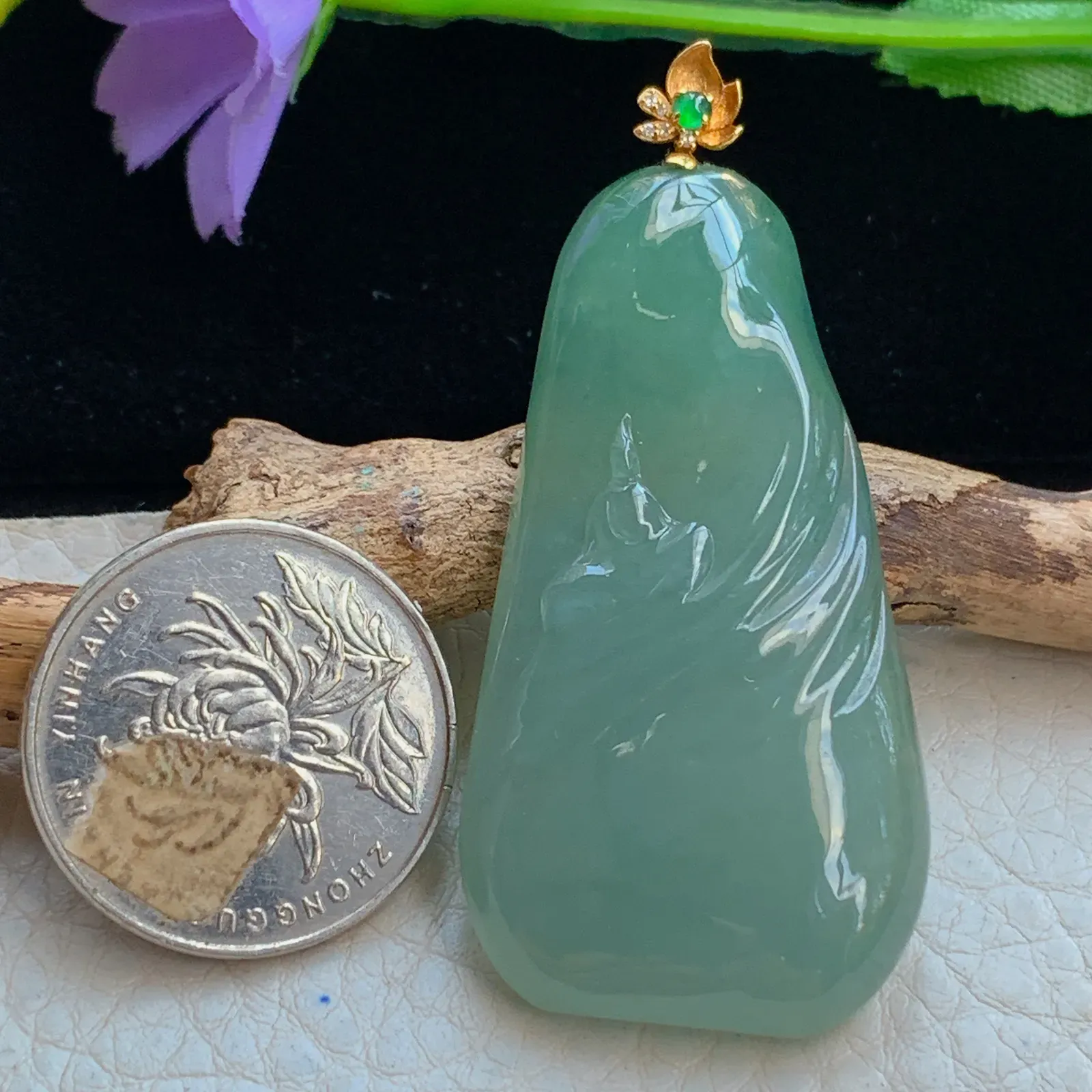 yl实拍51*26.8*6.5缅甸翡翠a货冰绿无相观音 玉观音玉吊坠 玉挂件