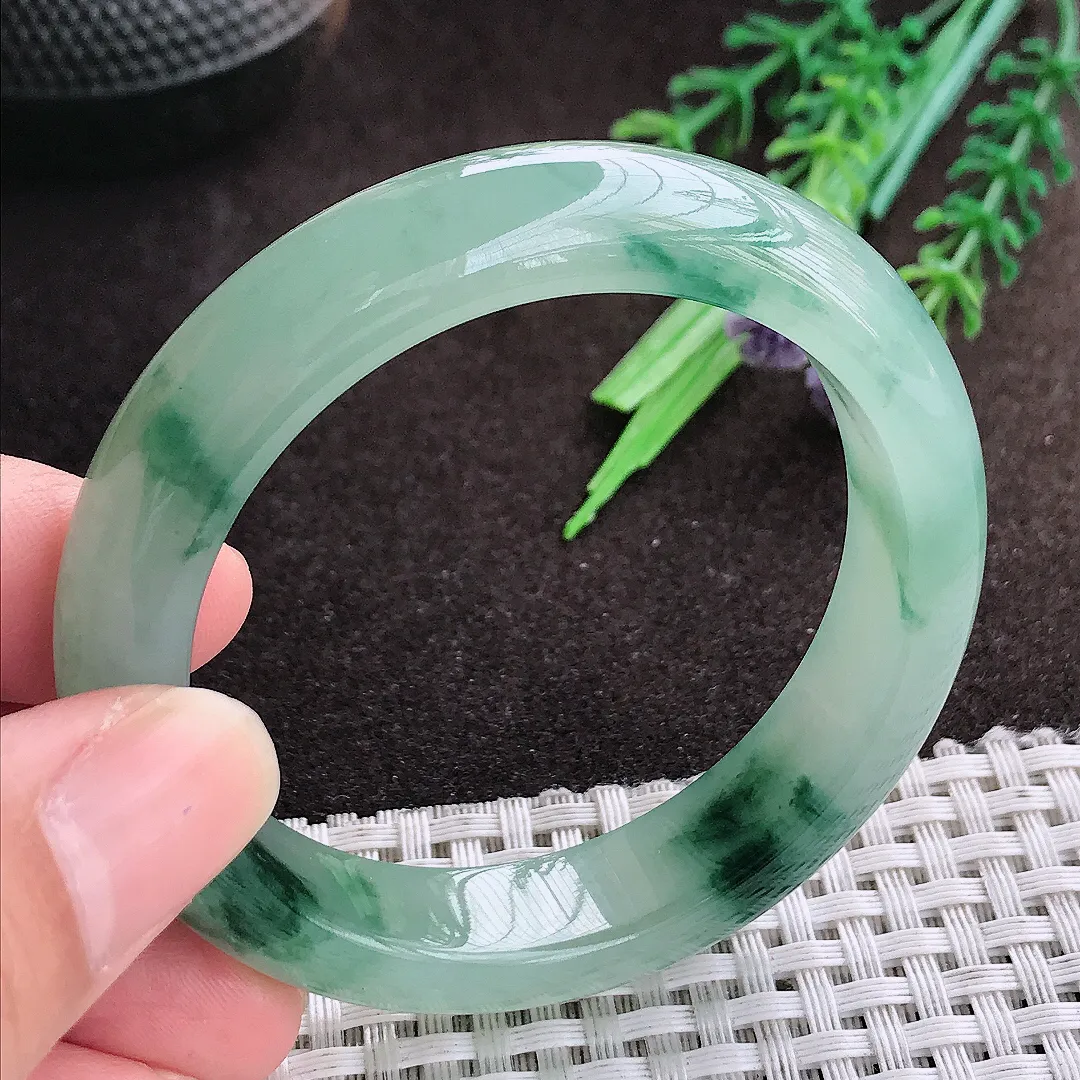 天然a货翡翠50.5/11.8/7.9老坑冰胶果冻飘花手镯宽边翡翠玉小圈口手镯