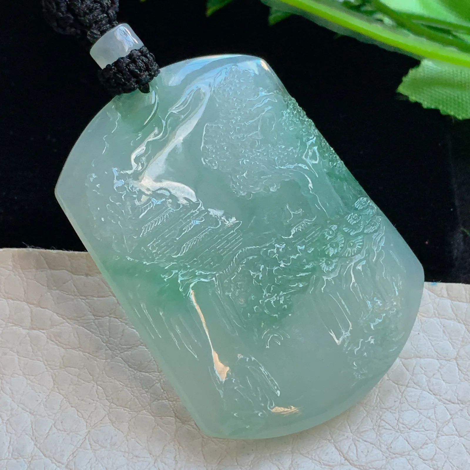 yl实拍49.5*37*6.3缅甸翡翠a货冰润山水 大好河山玉吊坠 玉挂件