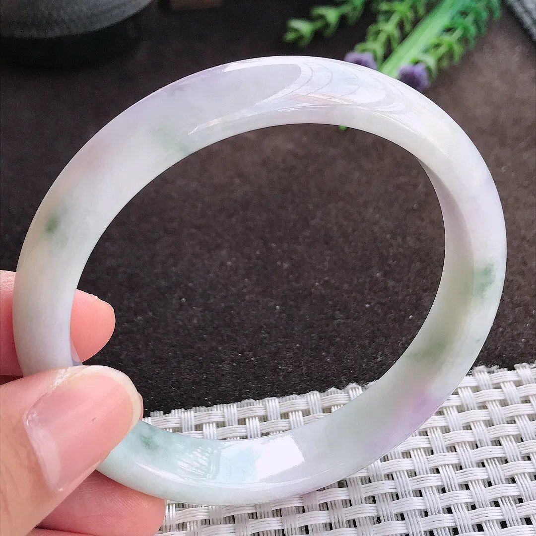 天然a货翡翠62.5/13/8老坑冰润紫罗兰飘花手镯大圈口宽边翡翠玉手镯