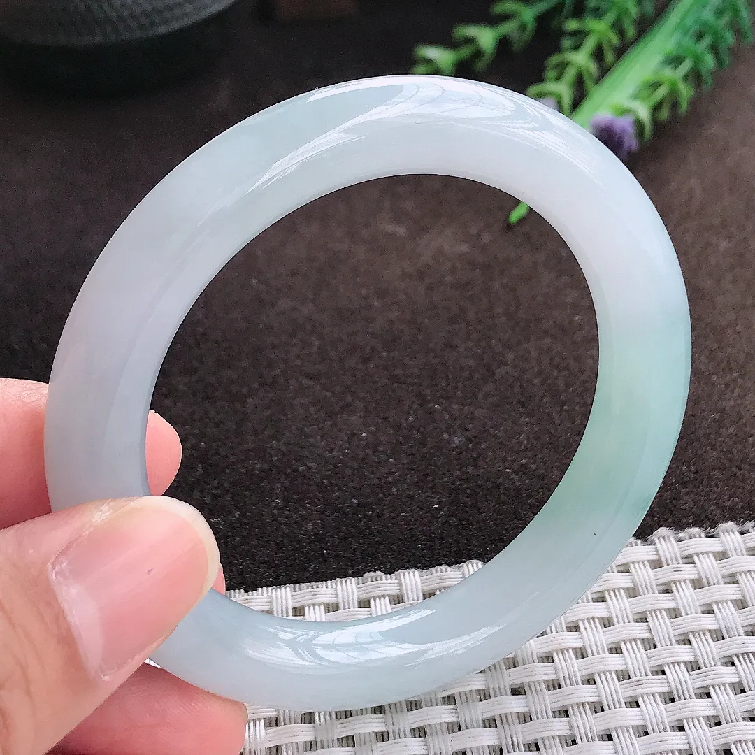 天然a货翡翠53.8/10/9.8老坑冰胶果冻天空蓝圆条手镯翡翠玉手镯