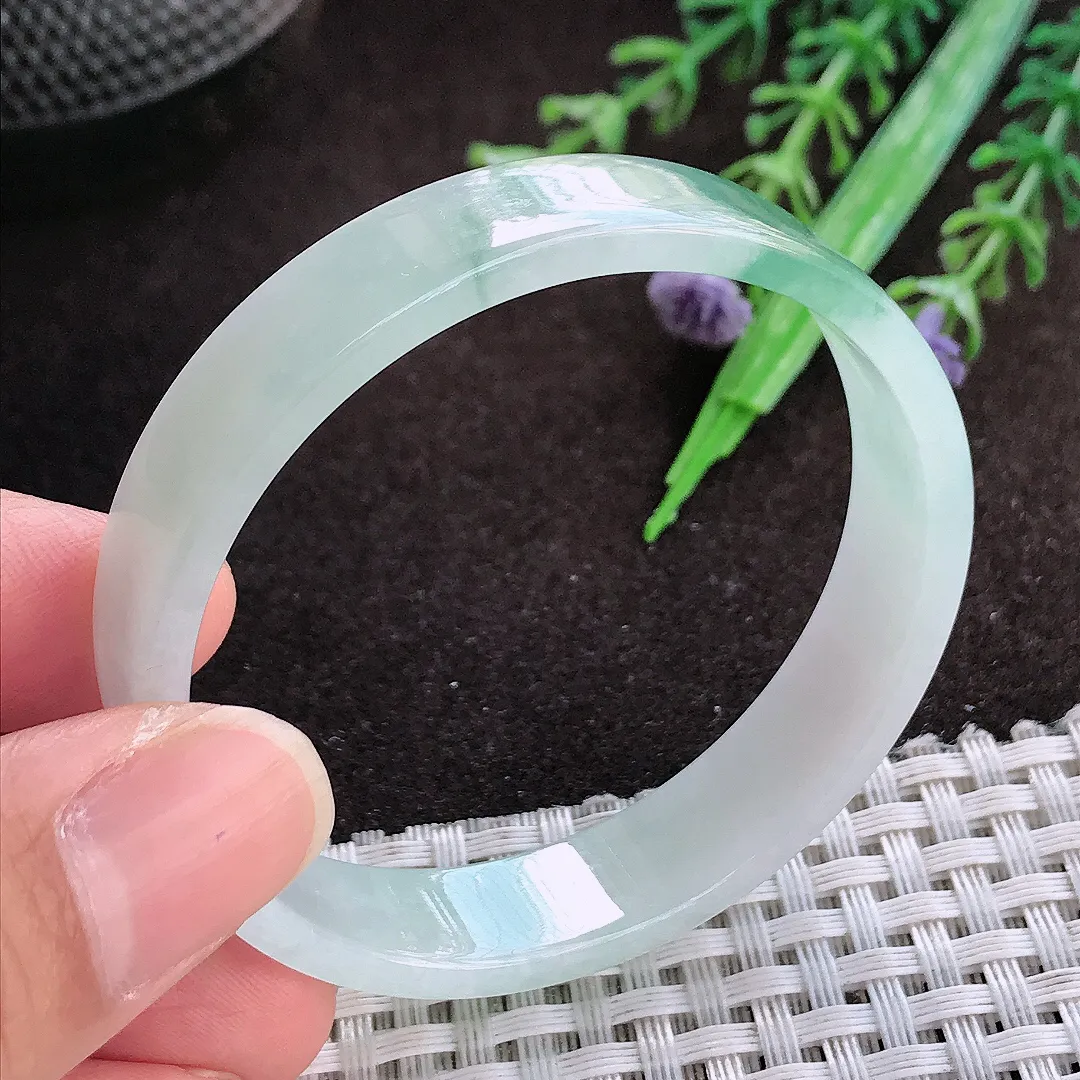 天然a货翡翠51.5/11.3/3.7老坑冰透起胶飘花平安镯宽边翡翠玉手镯