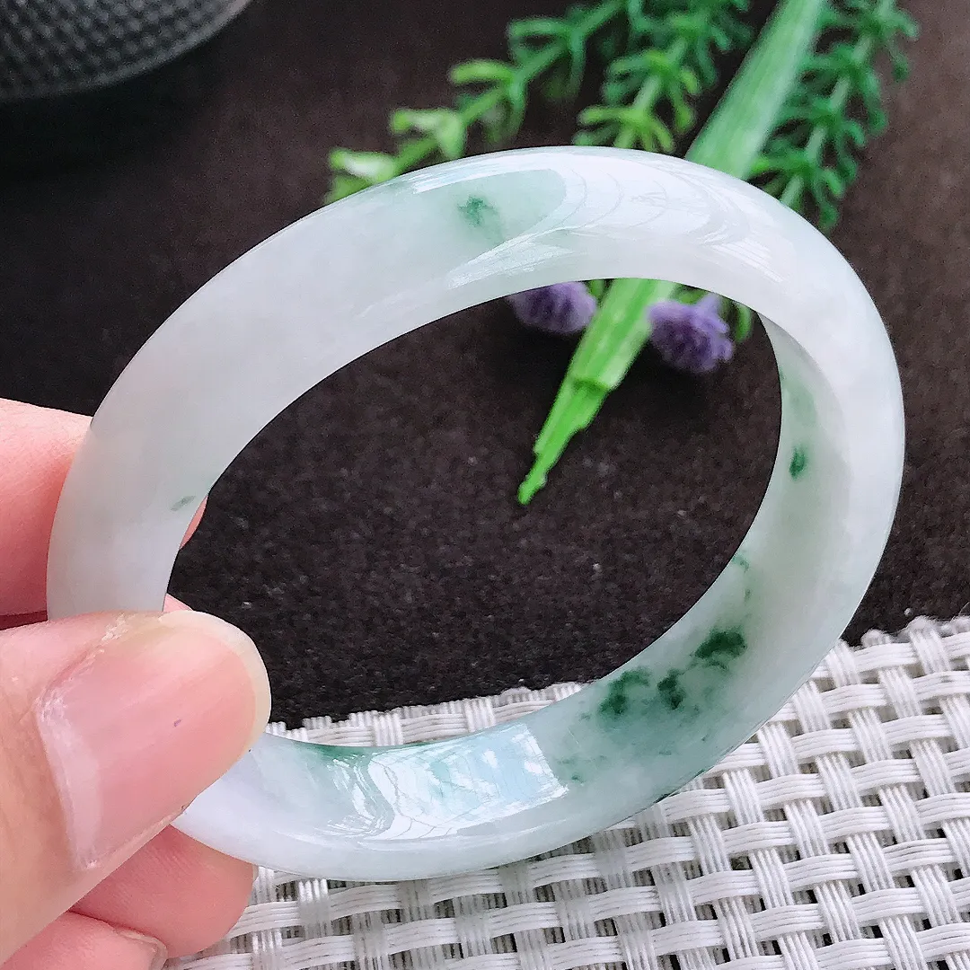 天然a货翡翠53/47/13.2/7老坑精美飘花贵妃手镯宽边翡翠玉手镯