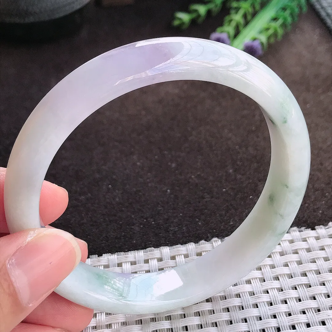天然a货翡翠62.5/13/8老坑冰润紫罗兰飘花手镯大圈口宽边翡翠玉手镯