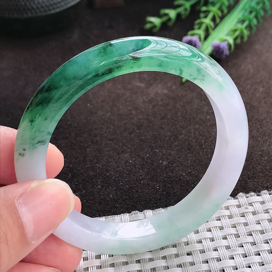 天然a货翡翠54/9.7/8.2老坑冰胶水灵冰飘花手镯宽边翡翠玉手镯