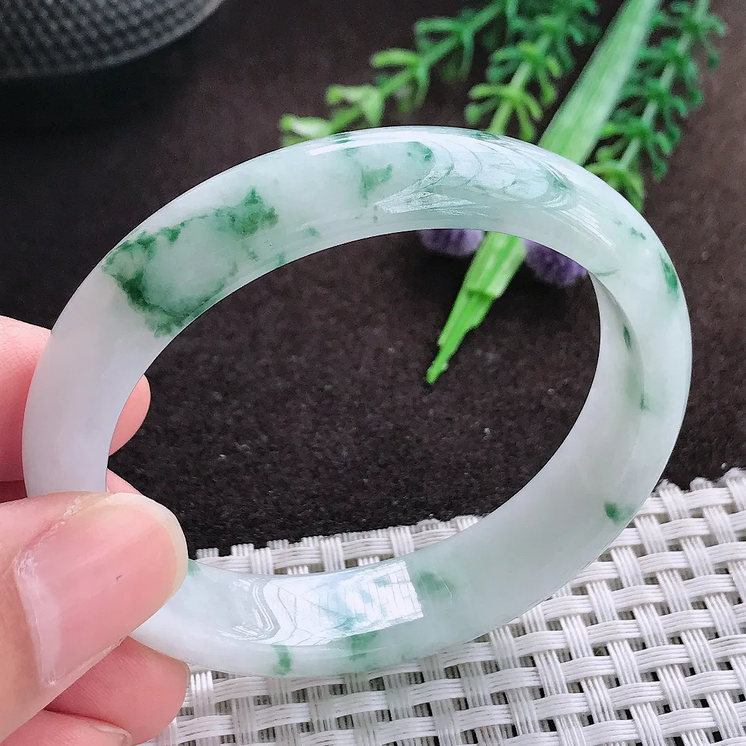 天然a货翡翠53/47/13.2/7老坑精美飘花贵妃手镯宽边翡翠玉手镯