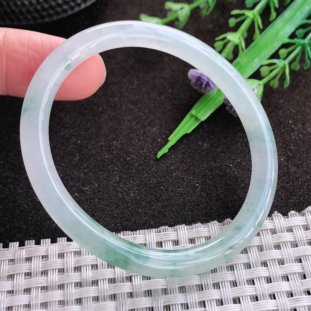 天然a货翡翠53.5/48/6/6.3老坑冰胶水灵飘花贵妃手镯翡翠玉手镯