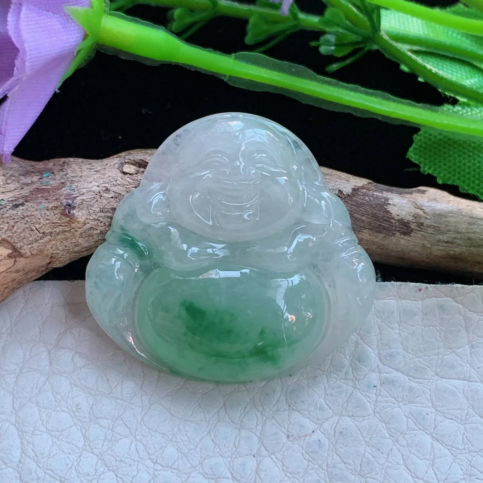 ajj实拍30.7*32.8*6缅甸翡翠a货冰飘绿花佛公 弥勒佛玉吊坠 玉挂件