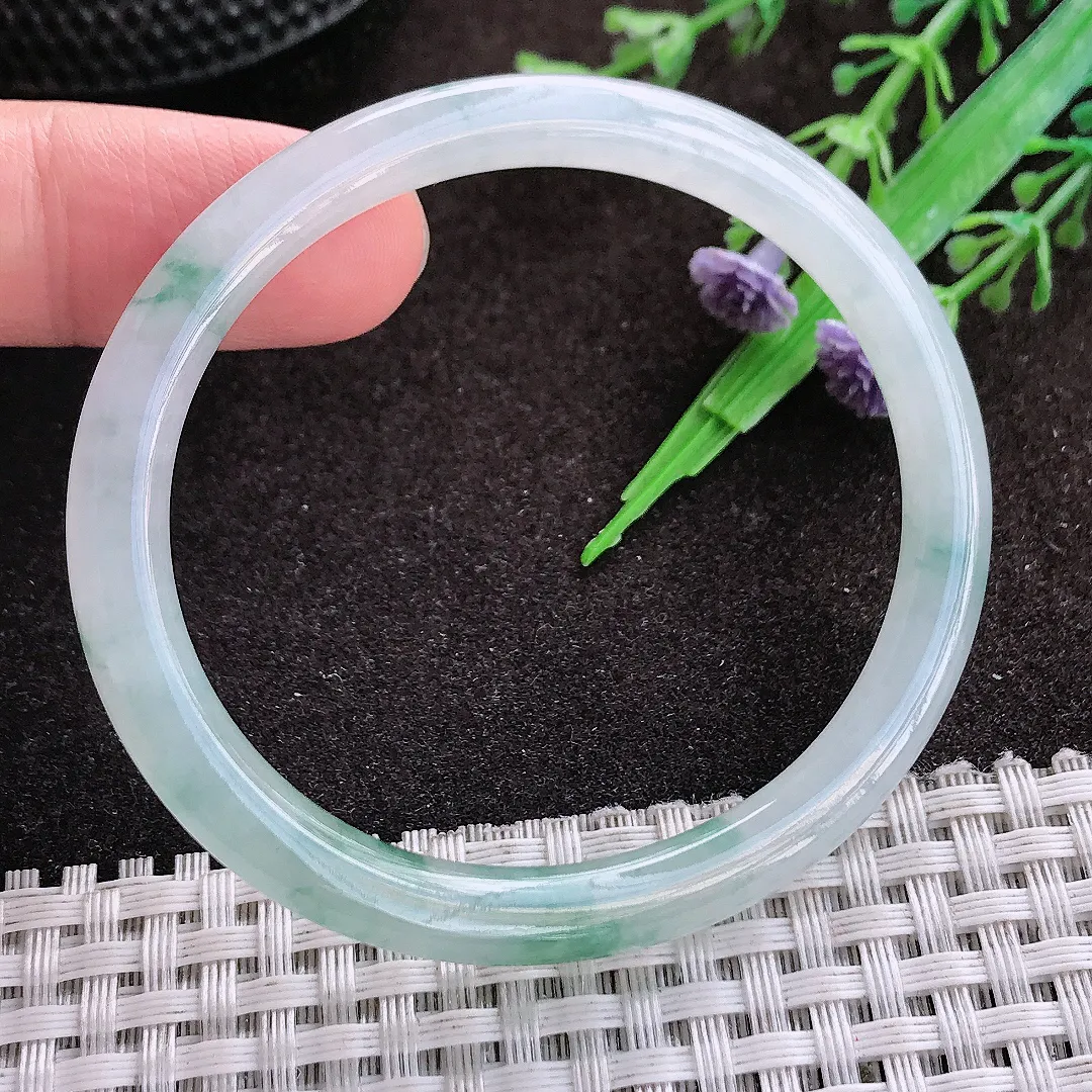 天然a货翡翠53.5/48/6/6.3老坑冰胶水灵飘花贵妃手镯翡翠玉手镯