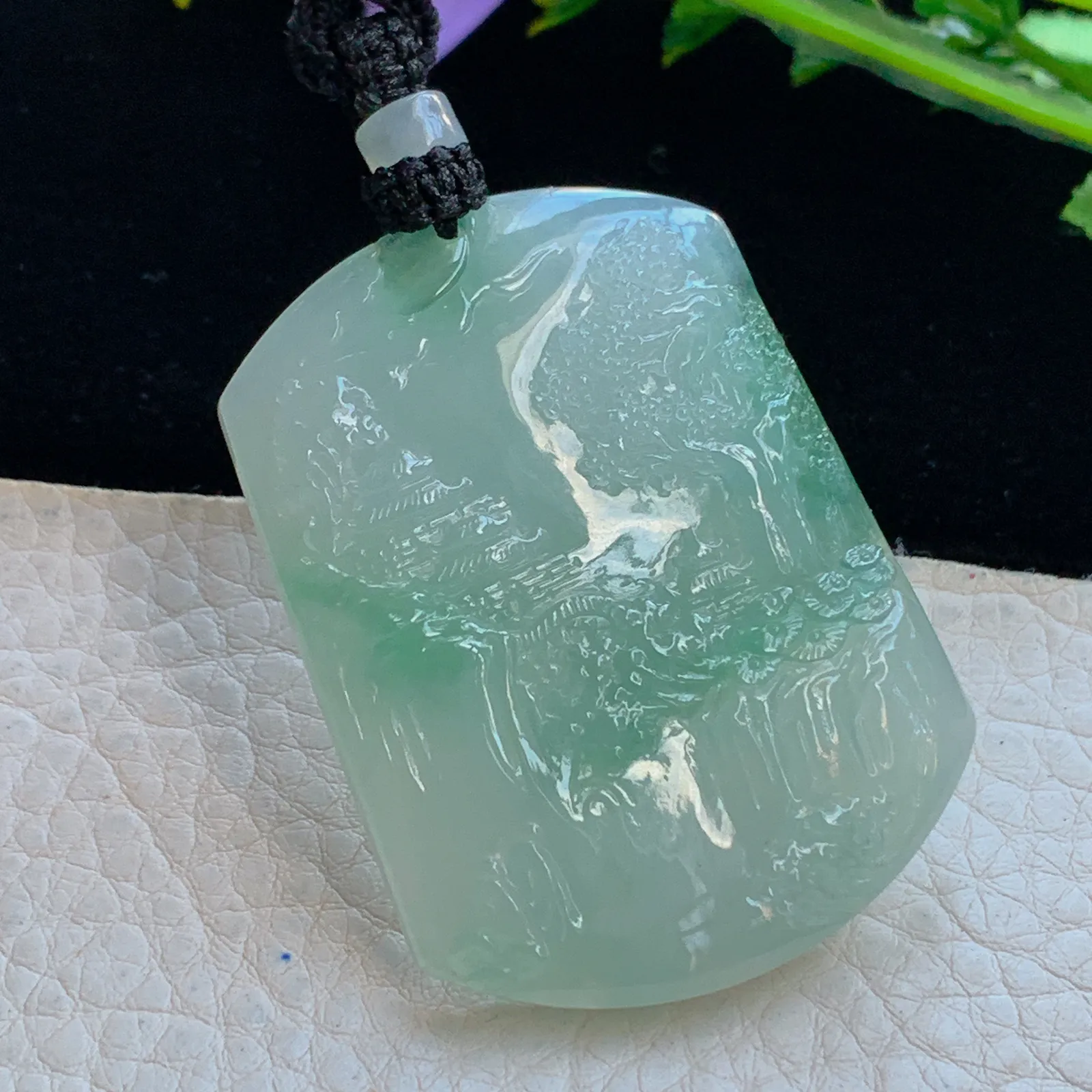 yl实拍49.5*37*6.3缅甸翡翠a货冰润山水 大好河山玉吊坠 玉挂件