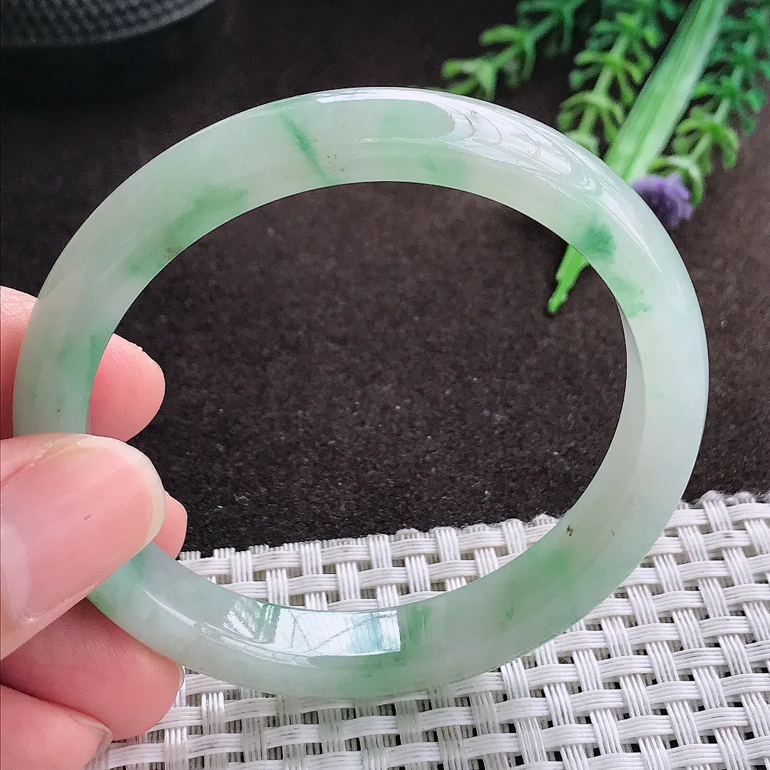 天然a货翡翠54.5/9.6/7.3老坑冰润起胶飘花手镯宽边翡翠玉手镯