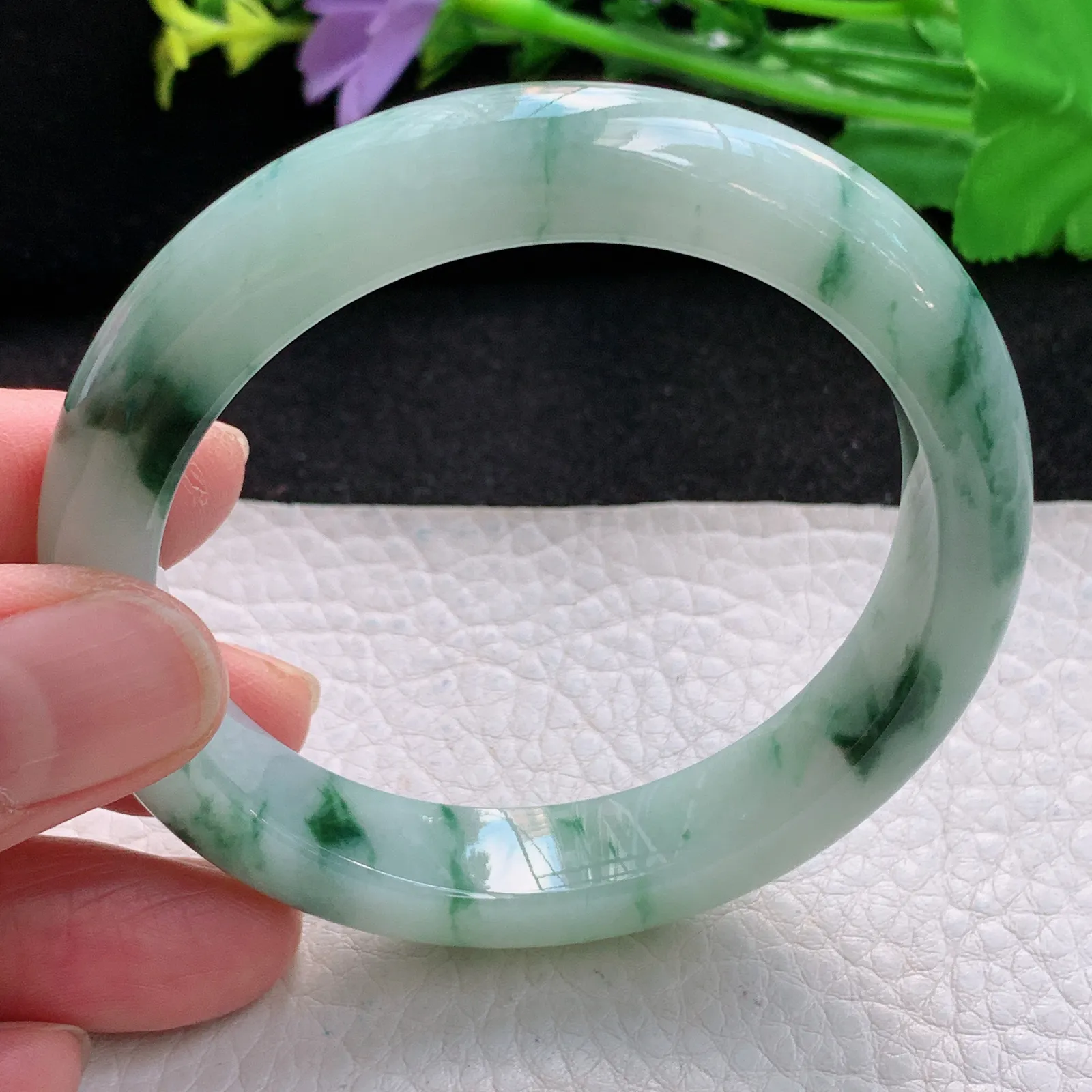 hy自然光54.5*11.5*8.5平安镯 缅甸翡翠a货精美冰飘花宽边玉手镯 玉手环