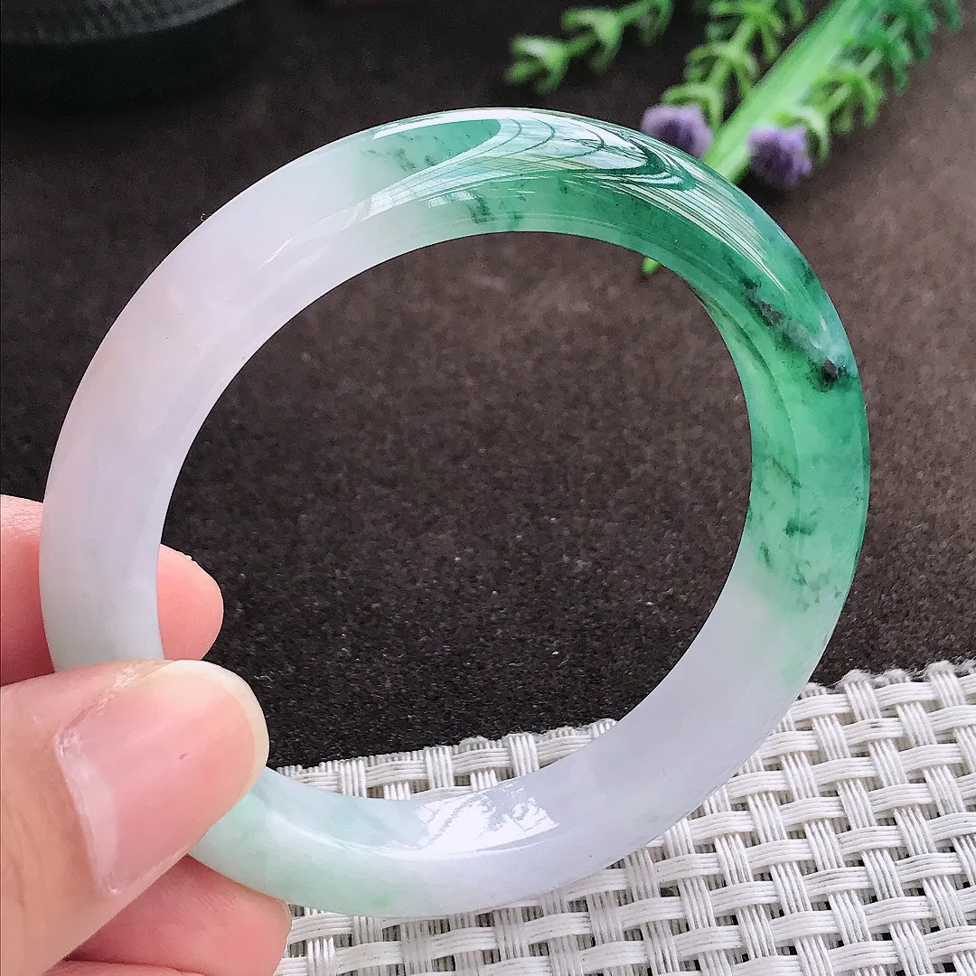 天然a货翡翠54/9.7/8.2老坑冰胶水灵冰飘花手镯宽边翡翠玉手镯