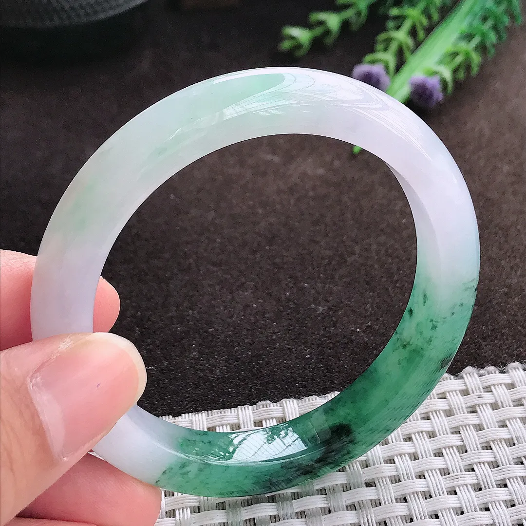 天然a货翡翠54/9.7/8.2老坑冰胶水灵冰飘花手镯宽边翡翠玉手镯