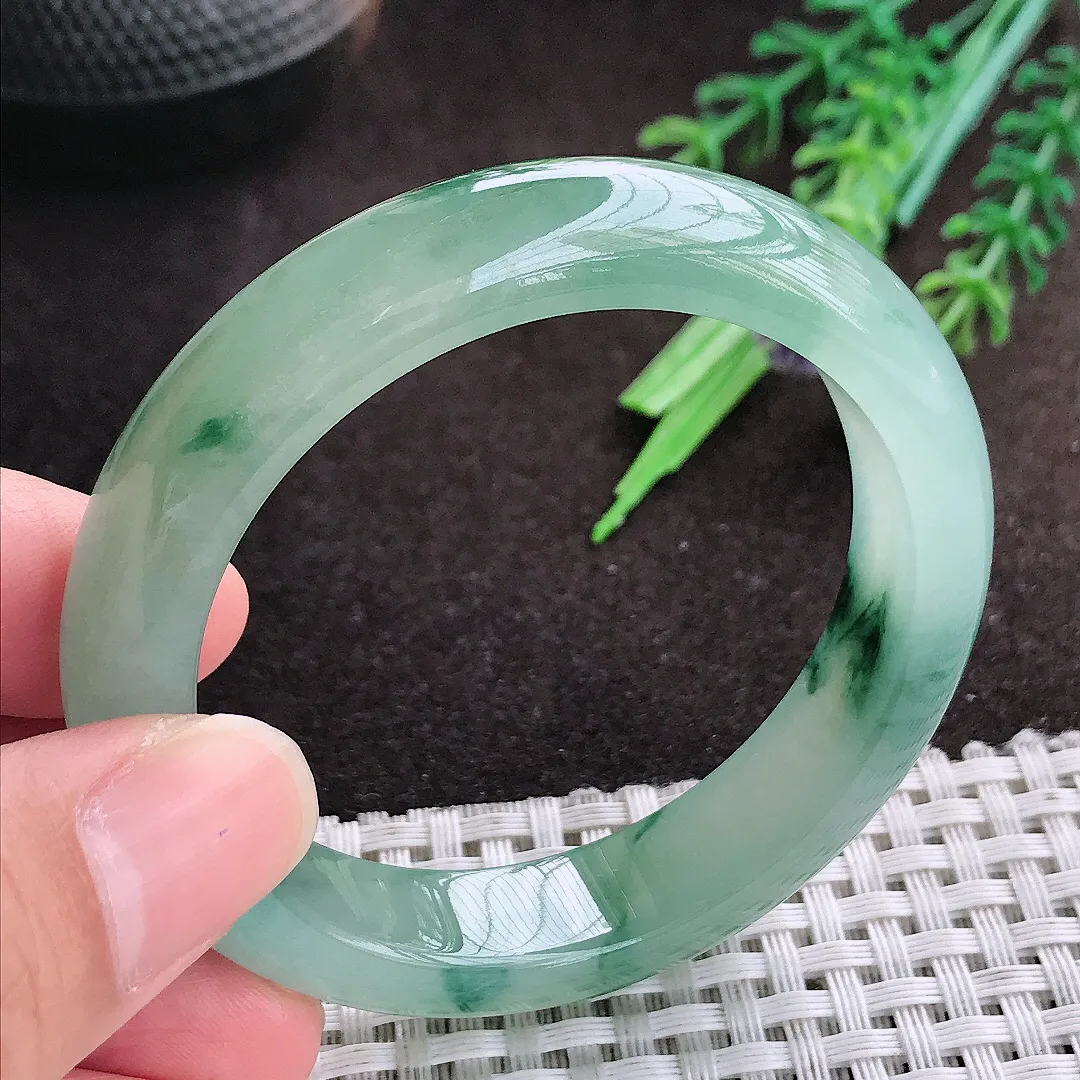天然a货翡翠50.5/11.8/7.9老坑冰胶果冻飘花手镯宽边翡翠玉小圈口手镯
