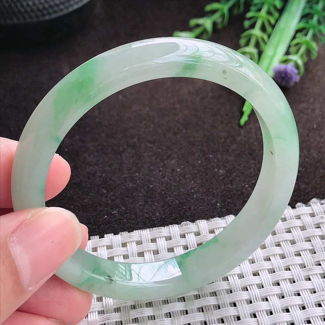 天然a货翡翠54.5/9.6/7.3老坑冰润起胶飘花手镯宽边翡翠玉手镯