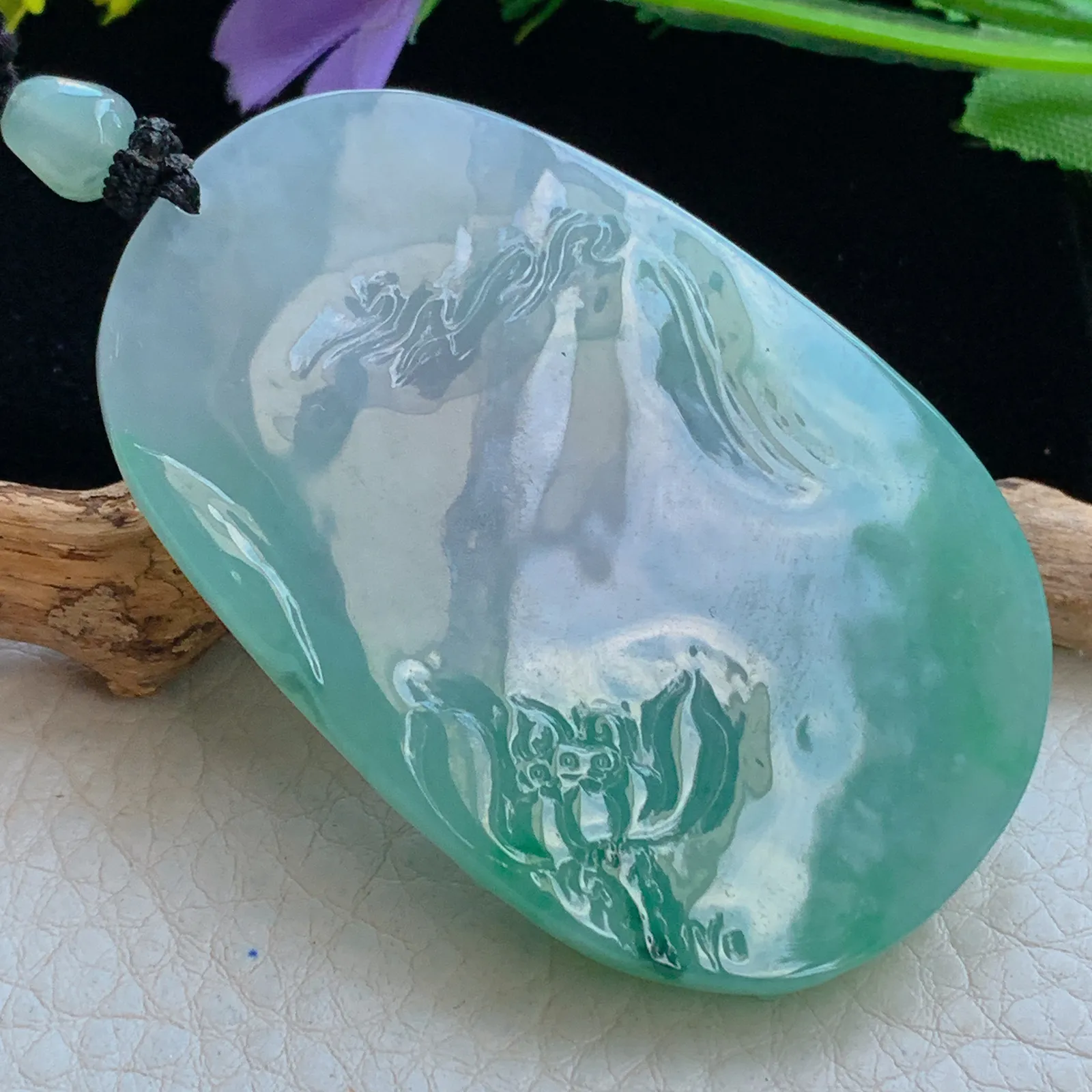 yl实拍63.3*41.5*8.5缅甸翡翠a货春带彩普贤菩萨 玉观音玉吊坠 玉挂件