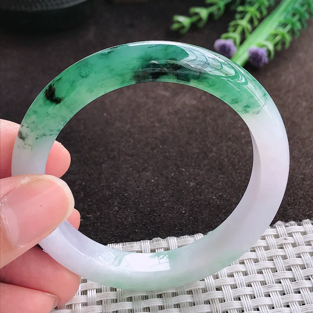 天然a货翡翠54/9.7/8.2老坑冰胶水灵冰飘花手镯宽边翡翠玉手镯