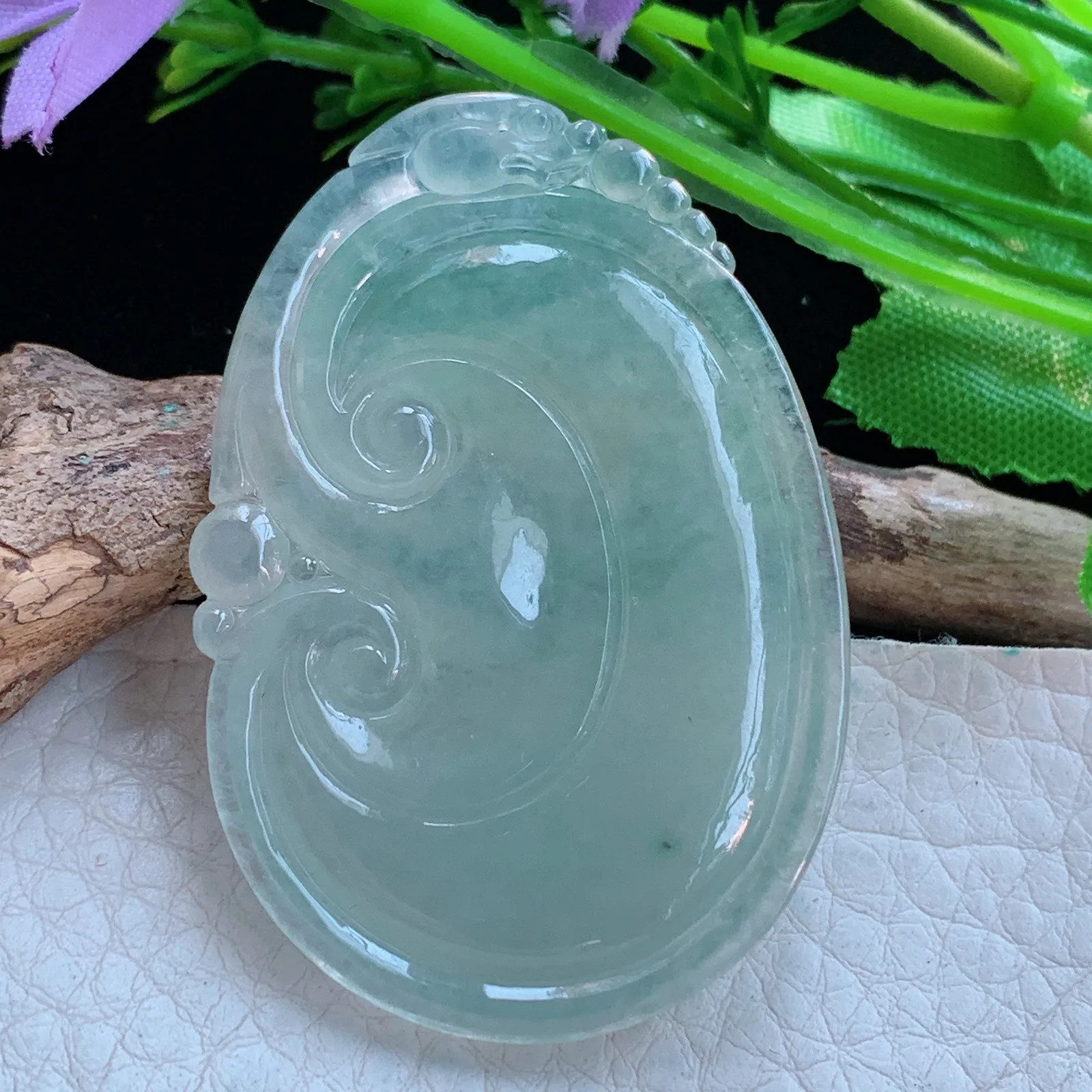 ajj实拍50.8*34.8*5.8缅甸翡翠a货冰晴事事如意 如意玉吊坠 玉挂件