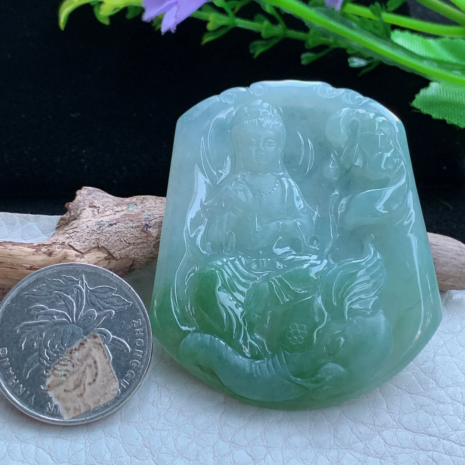 ajj实拍55*46.5*5.3缅甸翡翠a货冰普贤菩萨 玉观音玉吊坠 玉挂件