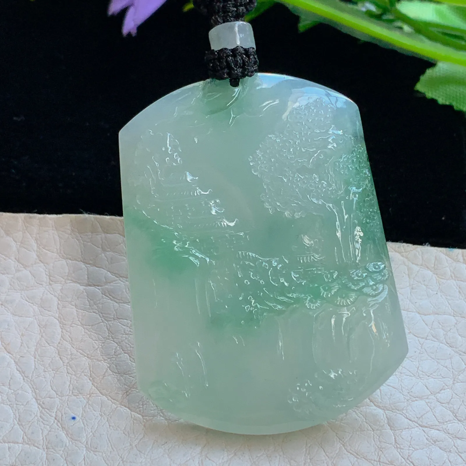 yl实拍49.5*37*6.3缅甸翡翠a货冰润山水 大好河山玉吊坠 玉挂件