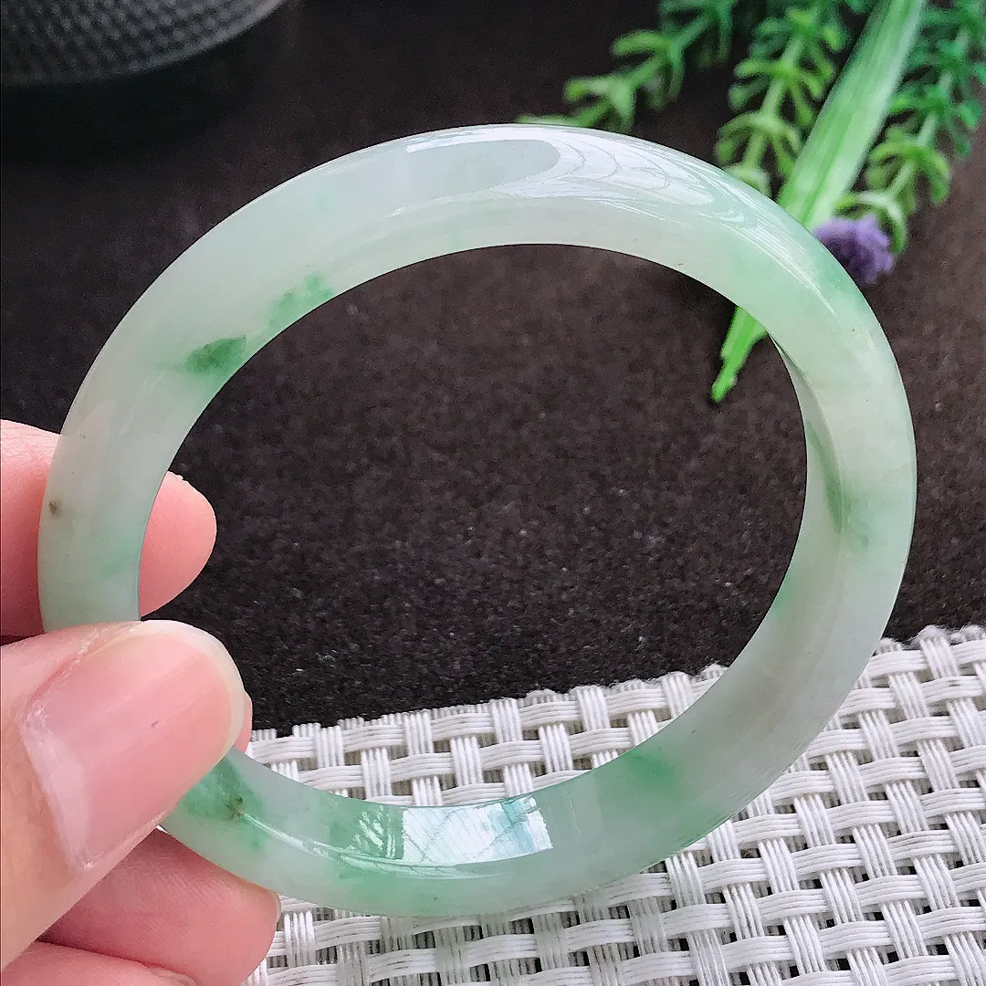 天然a货翡翠54.5/9.6/7.3老坑冰润起胶飘花手镯宽边翡翠玉手镯