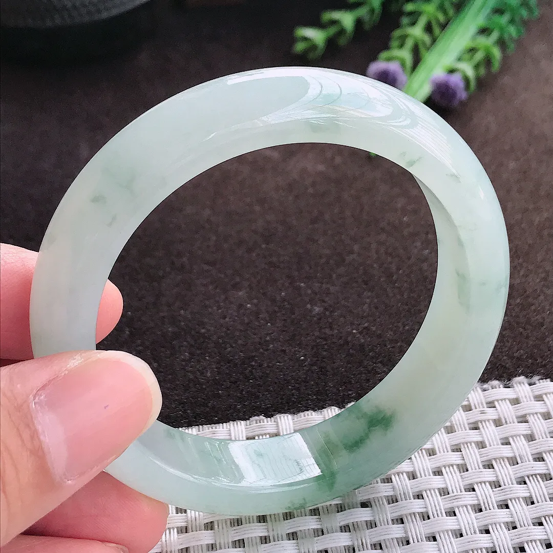 天然a货翡翠54/13.2/8.1老坑冰胶果冻飘花手镯宽边翡翠玉手镯