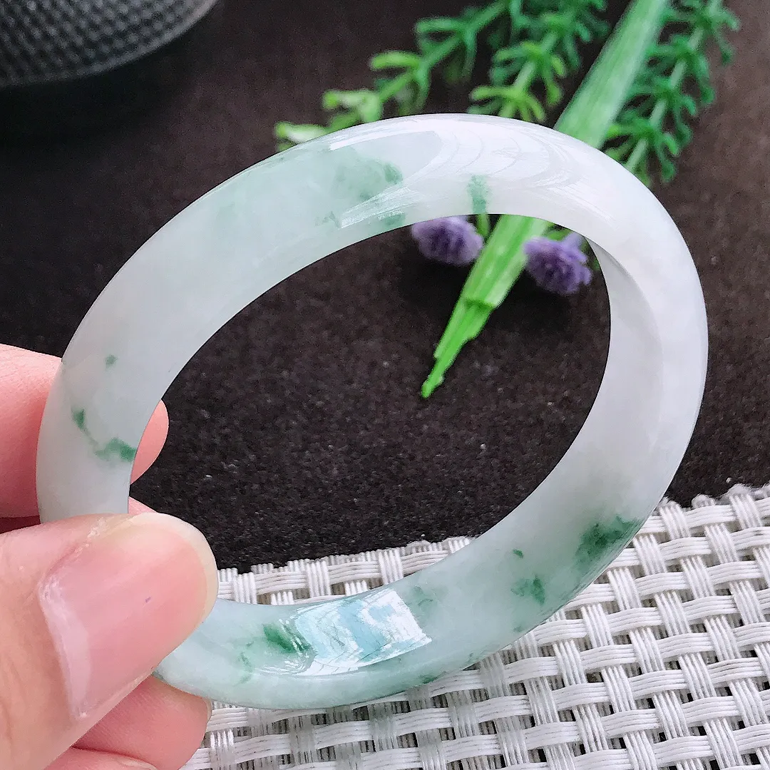 天然a货翡翠53/47/13.2/7老坑精美飘花贵妃手镯宽边翡翠玉手镯