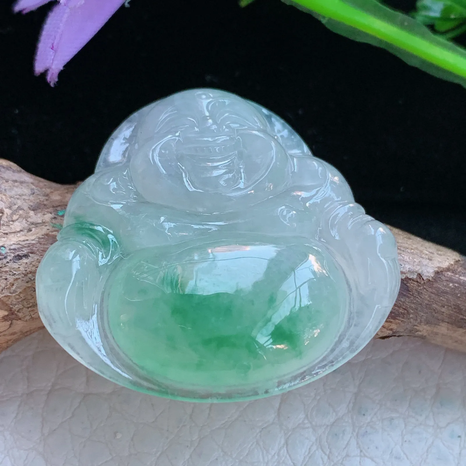 ajj实拍30.7*32.8*6缅甸翡翠a货冰飘绿花佛公 弥勒佛玉吊坠 玉挂件