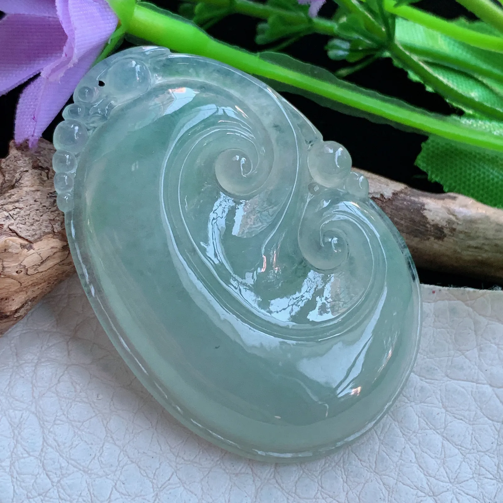 ajj实拍50.8*34.8*5.8缅甸翡翠a货冰晴事事如意 如意玉吊坠 玉挂件