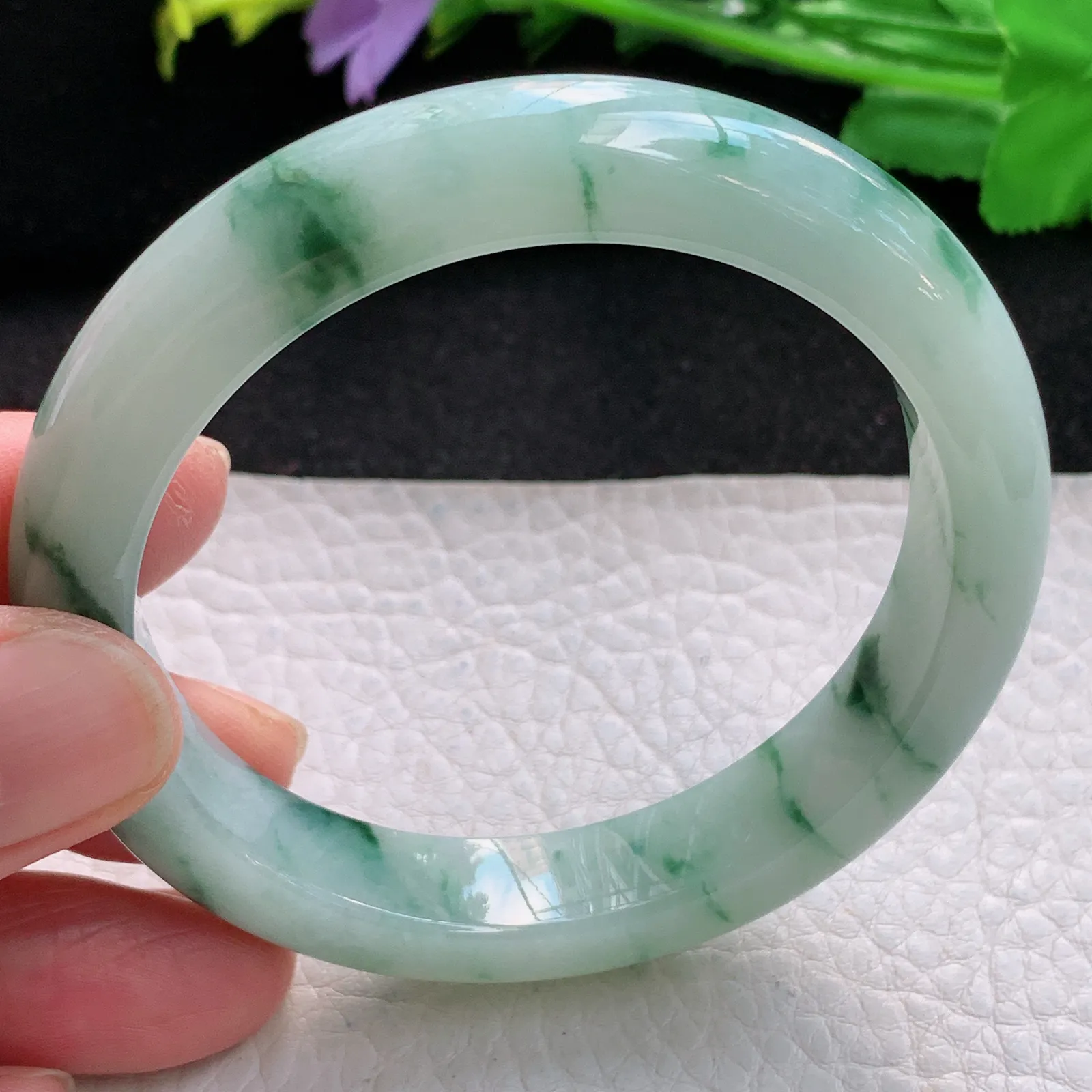 hy自然光54.5*11.5*8.5平安镯 缅甸翡翠a货精美冰飘花宽边玉手镯 玉手环