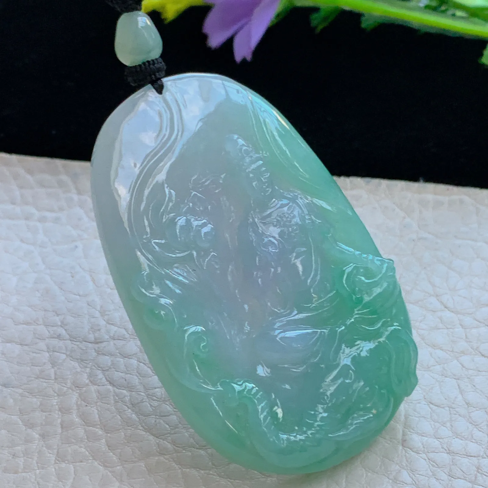 yl实拍63.3*41.5*8.5缅甸翡翠a货春带彩普贤菩萨 玉观音玉吊坠 玉挂件