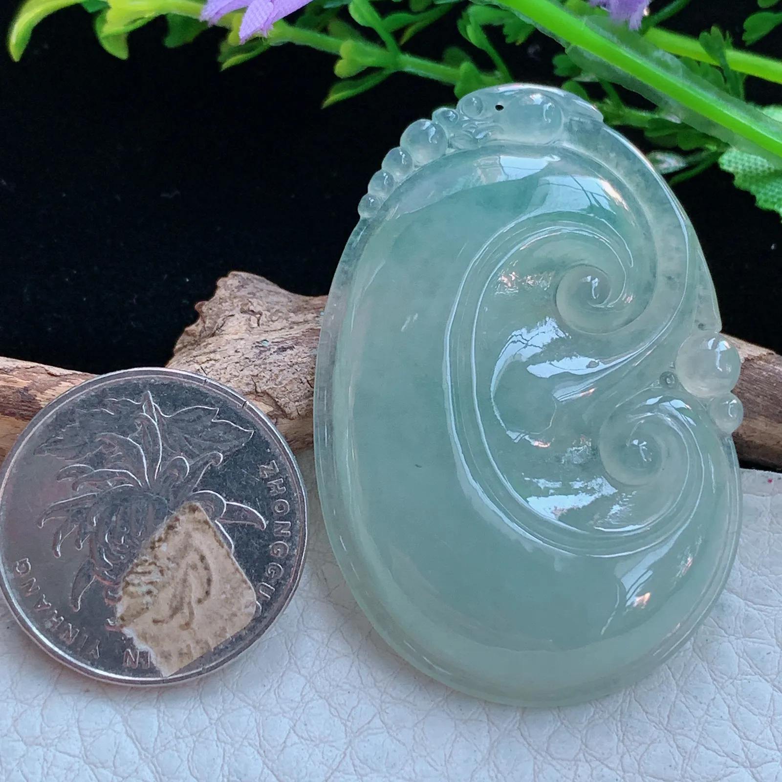 ajj实拍50.8*34.8*5.8缅甸翡翠a货冰晴事事如意 如意玉吊坠 玉挂件