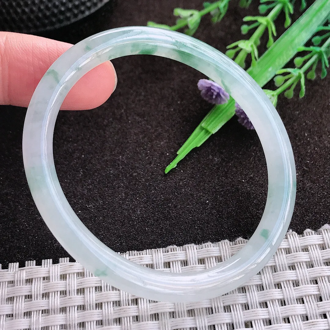 天然a货翡翠53.5/48/6/6.3老坑冰胶水灵飘花贵妃手镯翡翠玉手镯