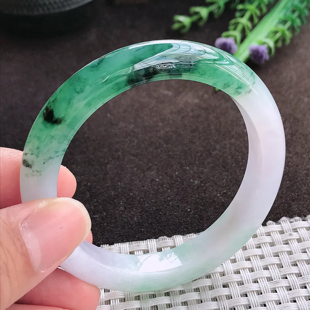 天然a货翡翠54/9.7/8.2老坑冰胶水灵冰飘花手镯宽边翡翠玉手镯