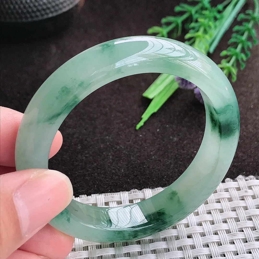 天然a货翡翠50.5/11.8/7.9老坑冰胶果冻飘花手镯宽边翡翠玉小圈口手镯