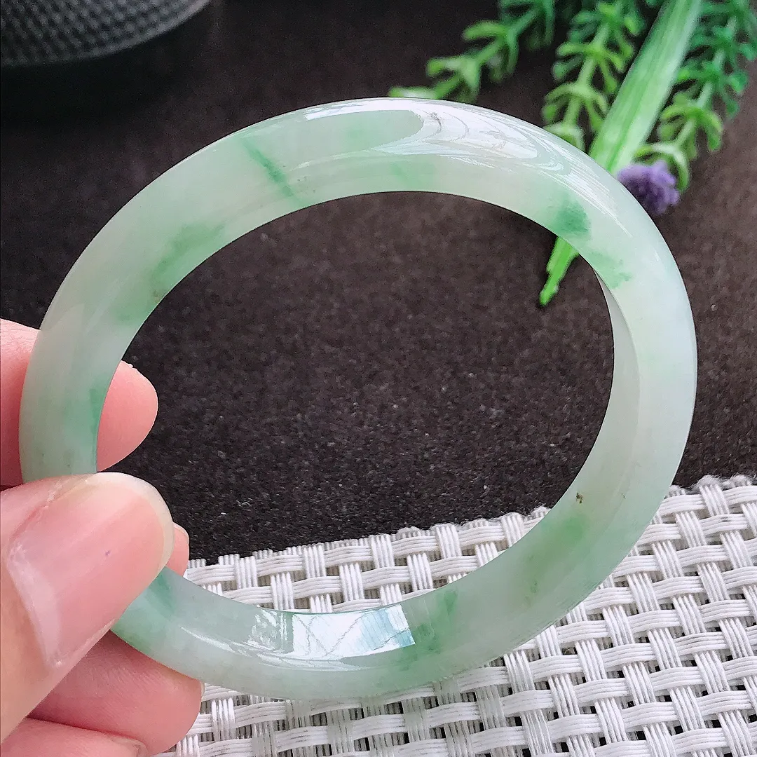 天然a货翡翠54.5/9.6/7.3老坑冰润起胶飘花手镯宽边翡翠玉手镯