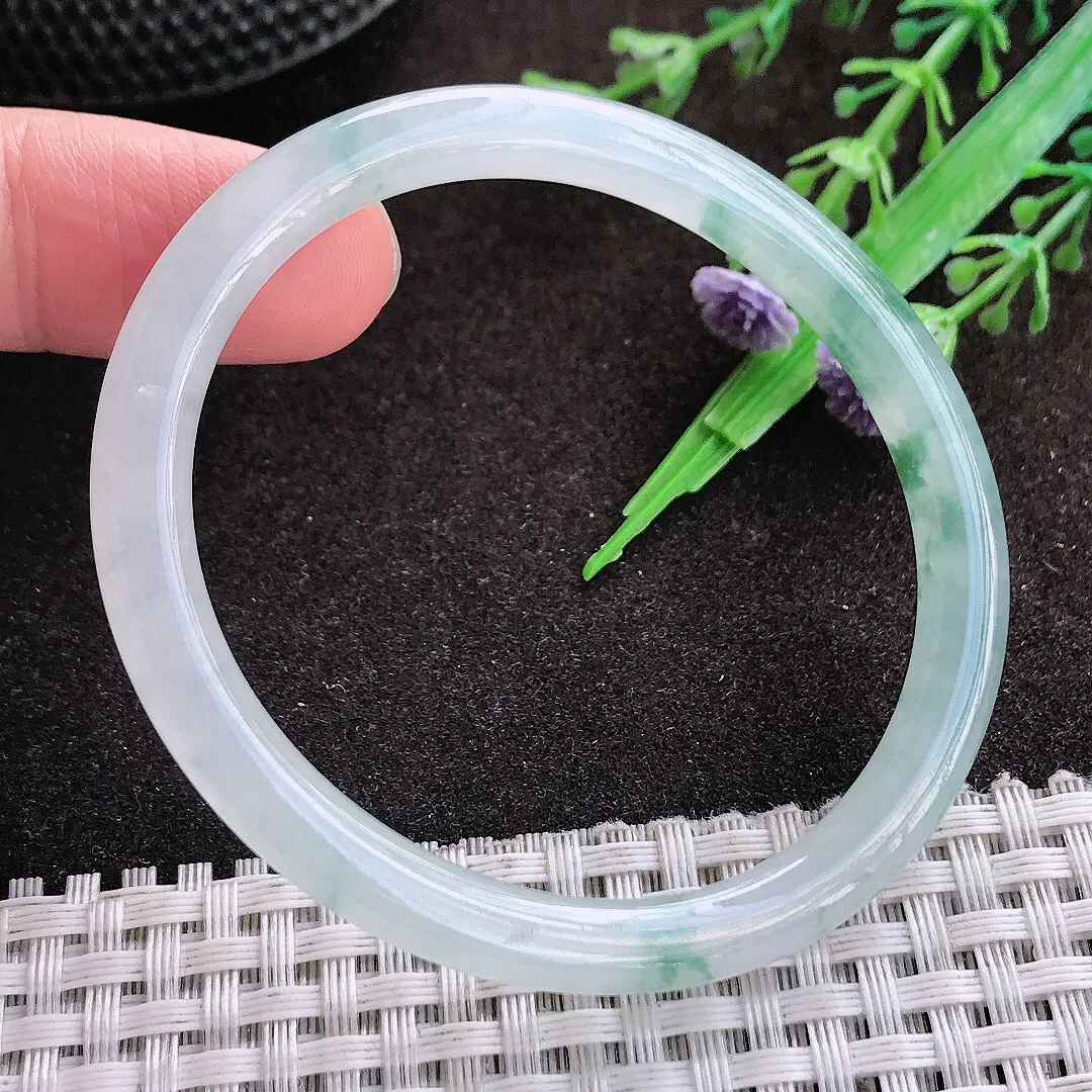 天然a货翡翠53.5/48/6/6.3老坑冰胶水灵飘花贵妃手镯翡翠玉手镯