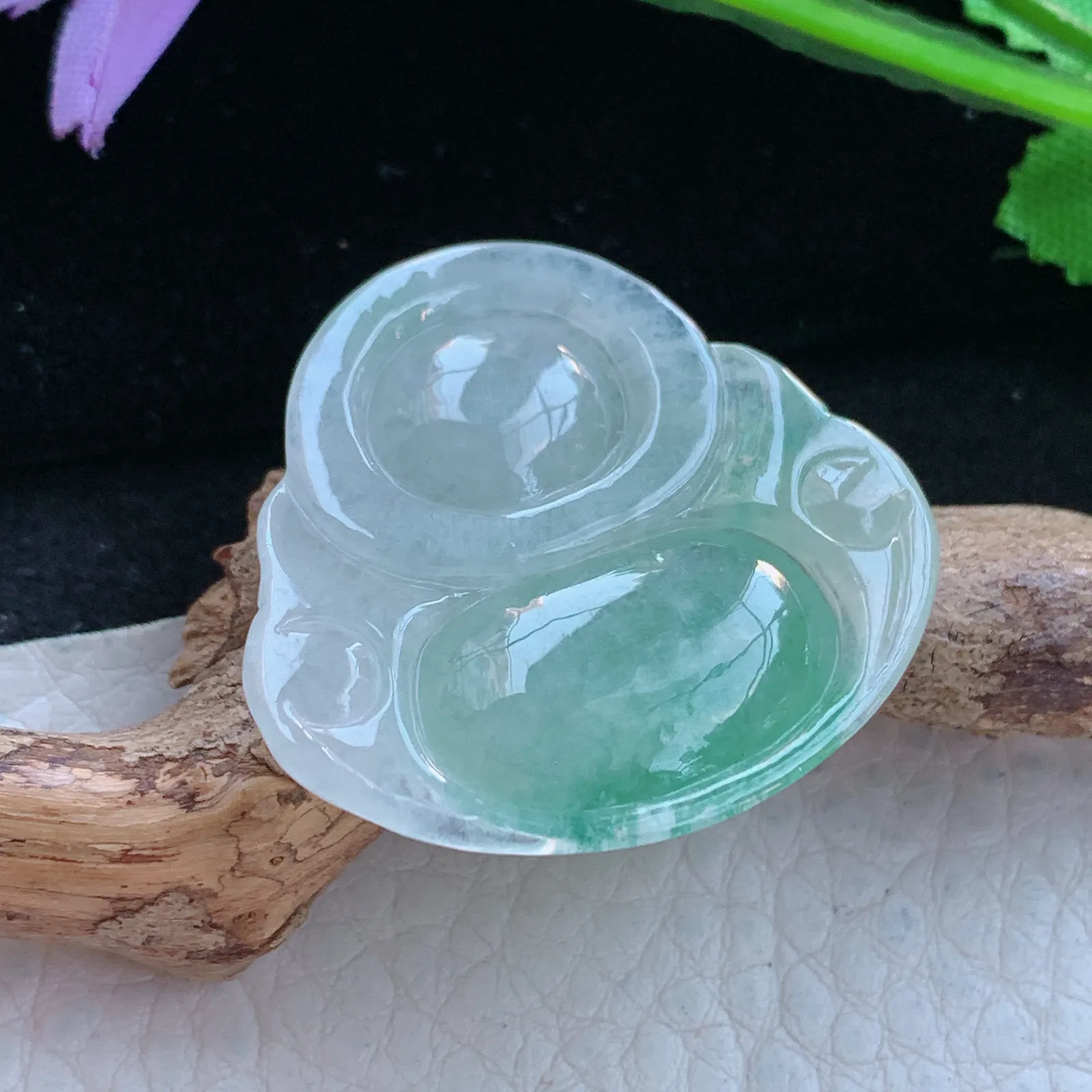 ajj实拍30.7*32.8*6缅甸翡翠a货冰飘绿花佛公 弥勒佛玉吊坠 玉挂件