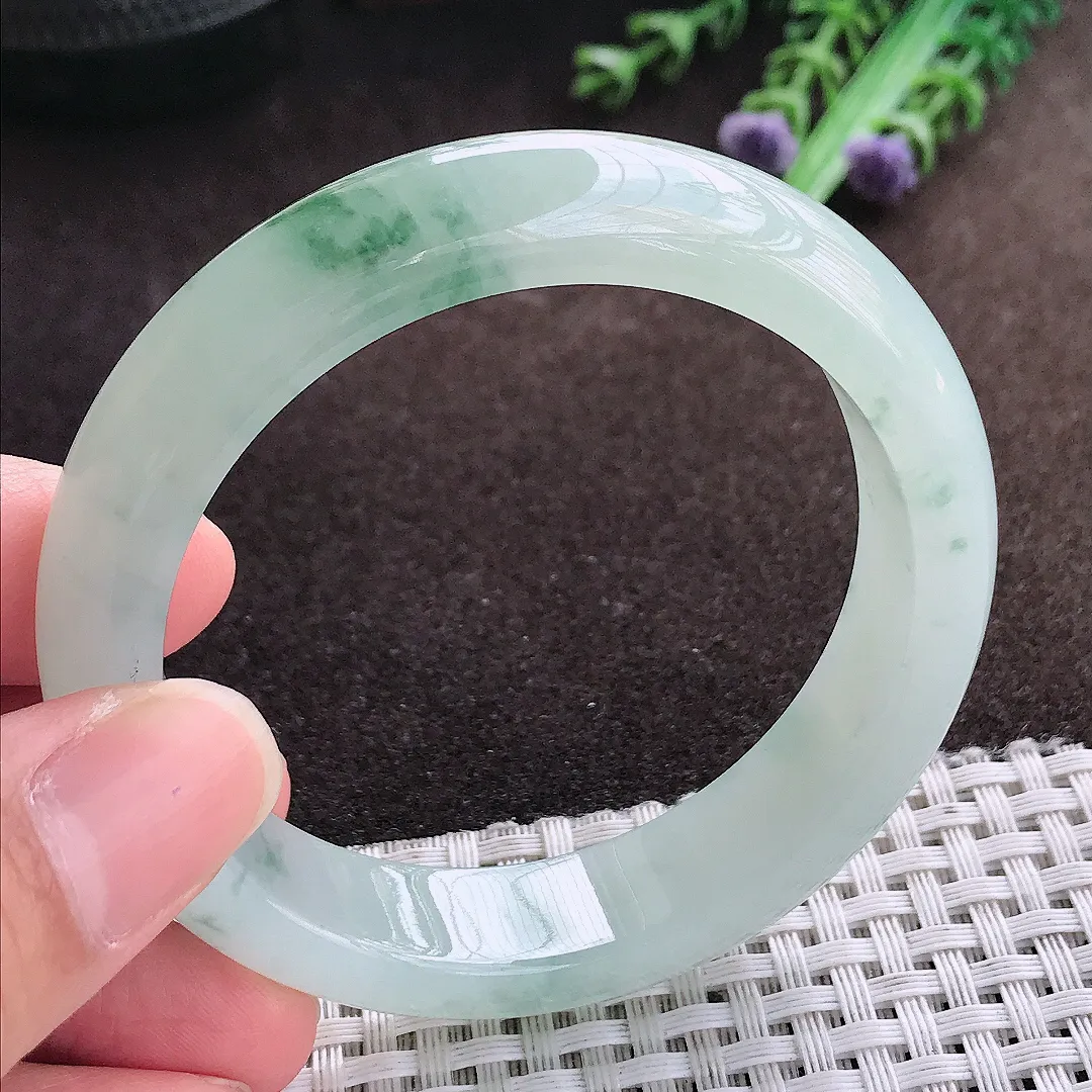 天然a货翡翠54/13.2/8.1老坑冰胶果冻飘花手镯宽边翡翠玉手镯