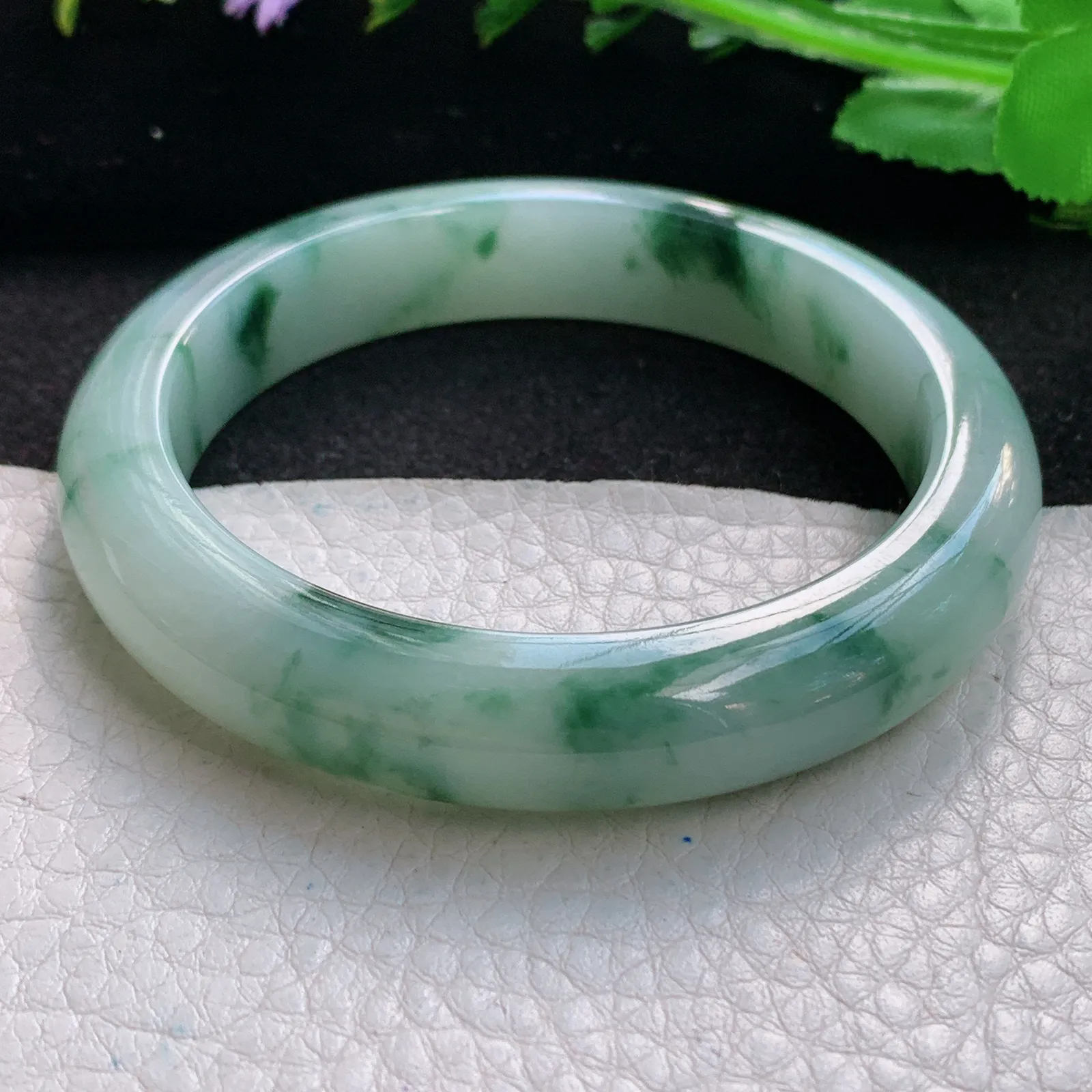 hy自然光54.5*11.5*8.5平安镯 缅甸翡翠a货精美冰飘花宽边玉手镯 玉手环