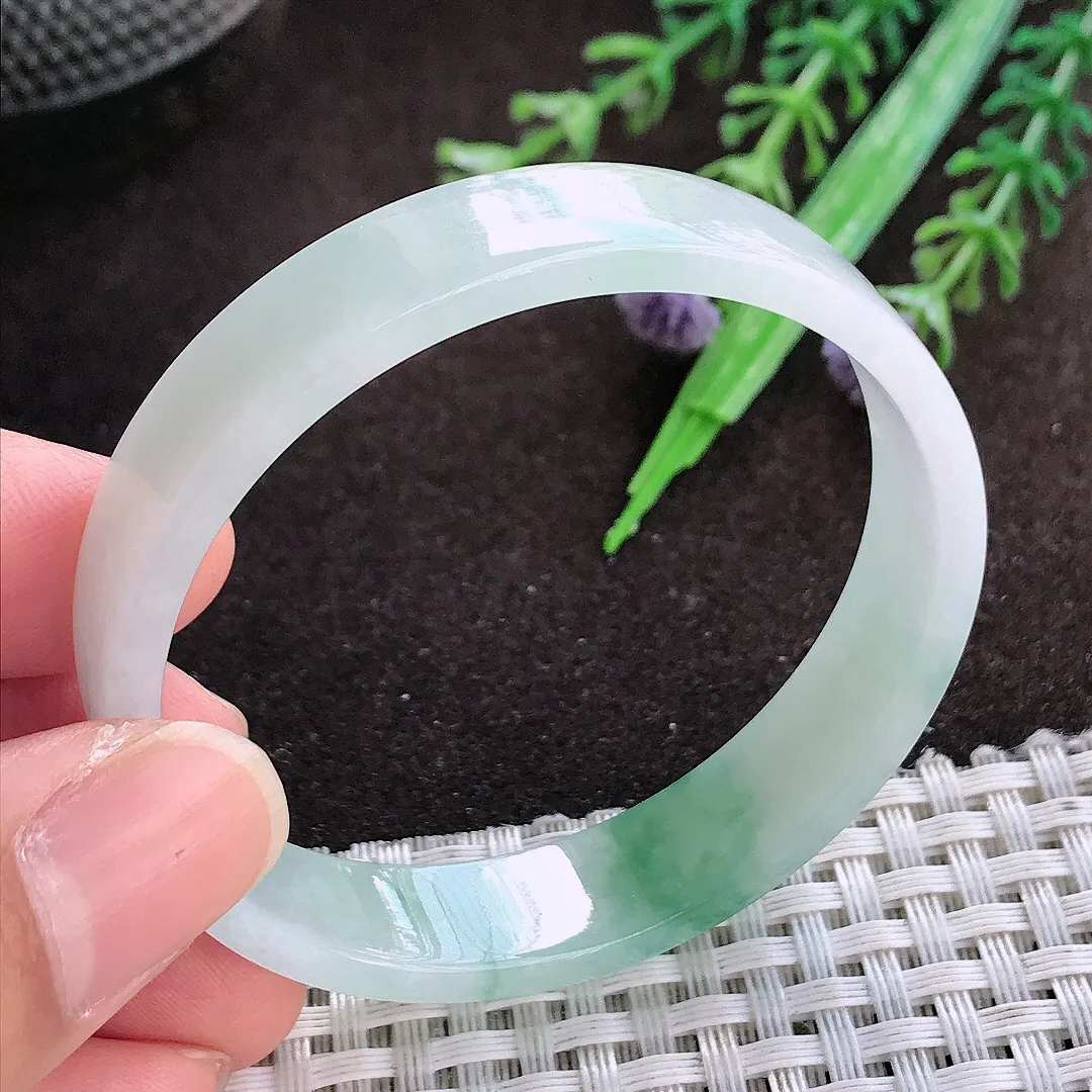天然a货翡翠51.5/11.3/3.7老坑冰透起胶飘花平安镯宽边翡翠玉手镯