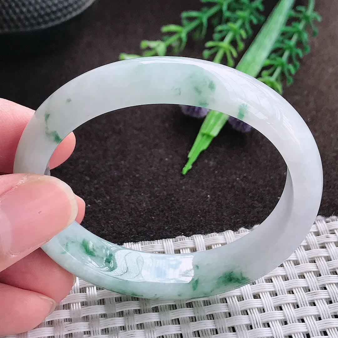 天然a货翡翠53/47/13.2/7老坑精美飘花贵妃手镯宽边翡翠玉手镯