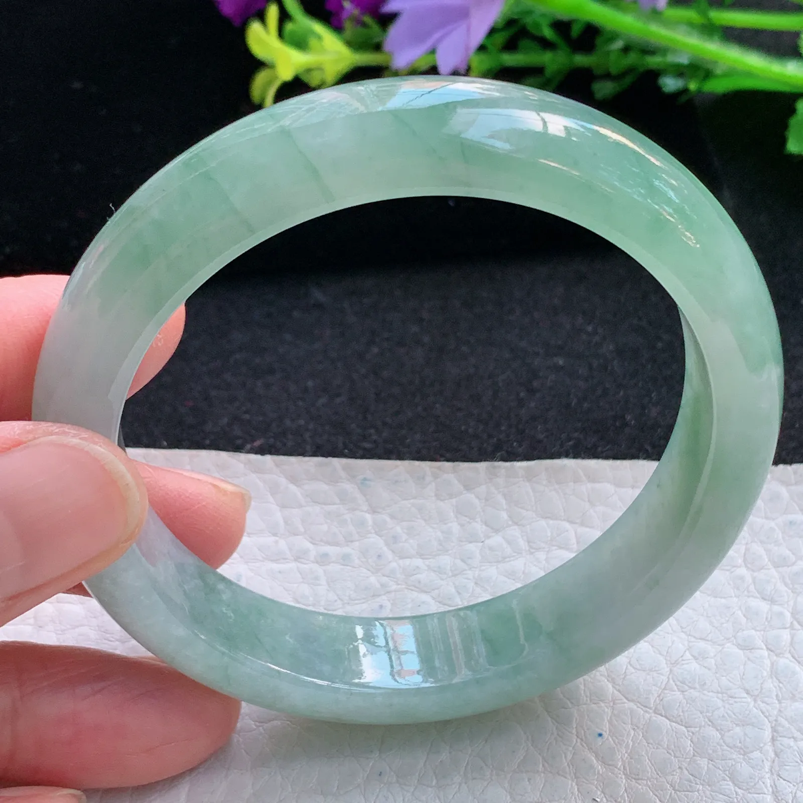 z自然光56.5*12.8*7.8平安镯 缅甸翡翠a货冰润清韵宽边玉手镯 玉手环